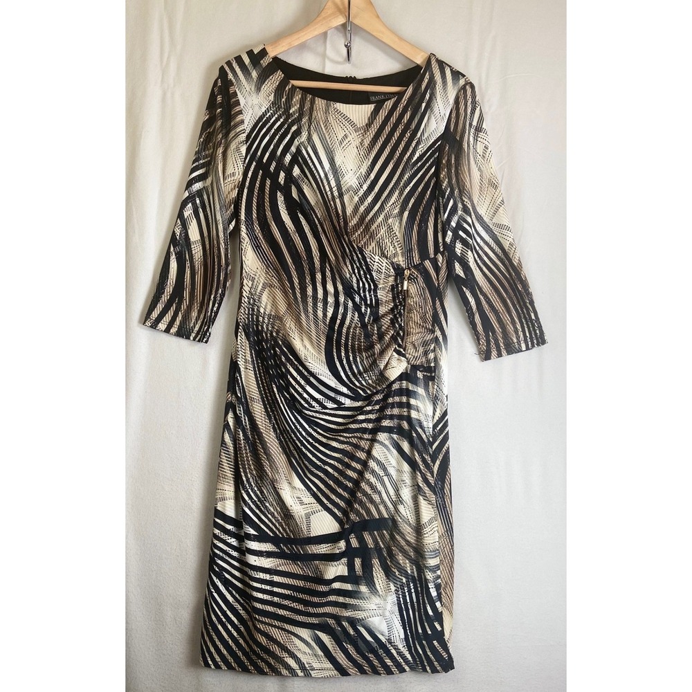 Frank Lyman Design Dress Women Size 10 Abstract Print 3/4 Sleeve Ruched Buckles